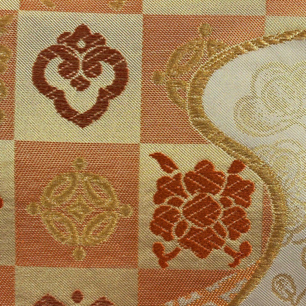 【美品】 袋帶 秀品級 川島織物 落款あり 市松樹 有職紋樣 金金箔 金絲 米色 六通 純蠶絲