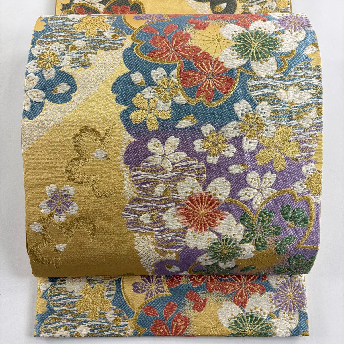 【美品】 袋帶 秀品級 振袖禮服禮服用 櫻花 鹿子紋 金銀線 金金箔 金色 六通 純蠶絲