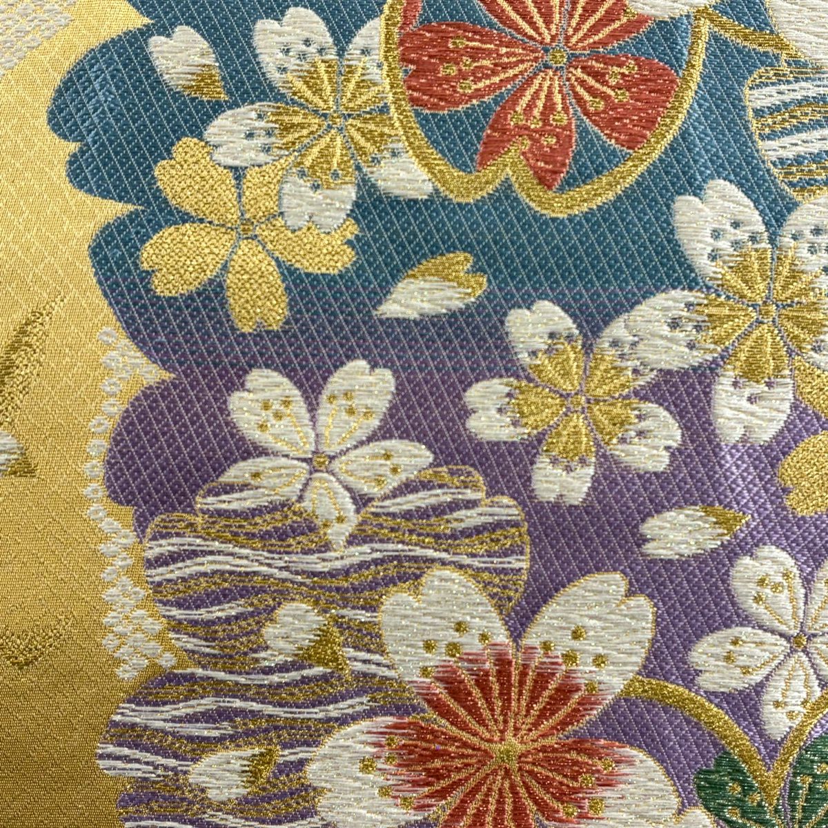 【美品】 袋帶 秀品級 振袖禮服禮服用 櫻花 鹿子紋 金銀線 金金箔 金色 六通 純蠶絲