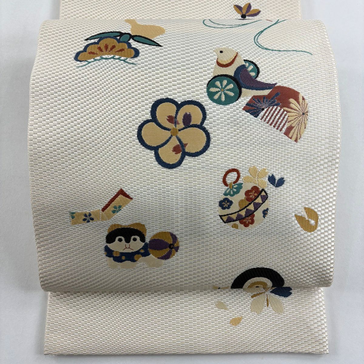 袋帶 優品級 玩具 鈴 刺繡 奶油色 大鼓圖案 純蠶絲