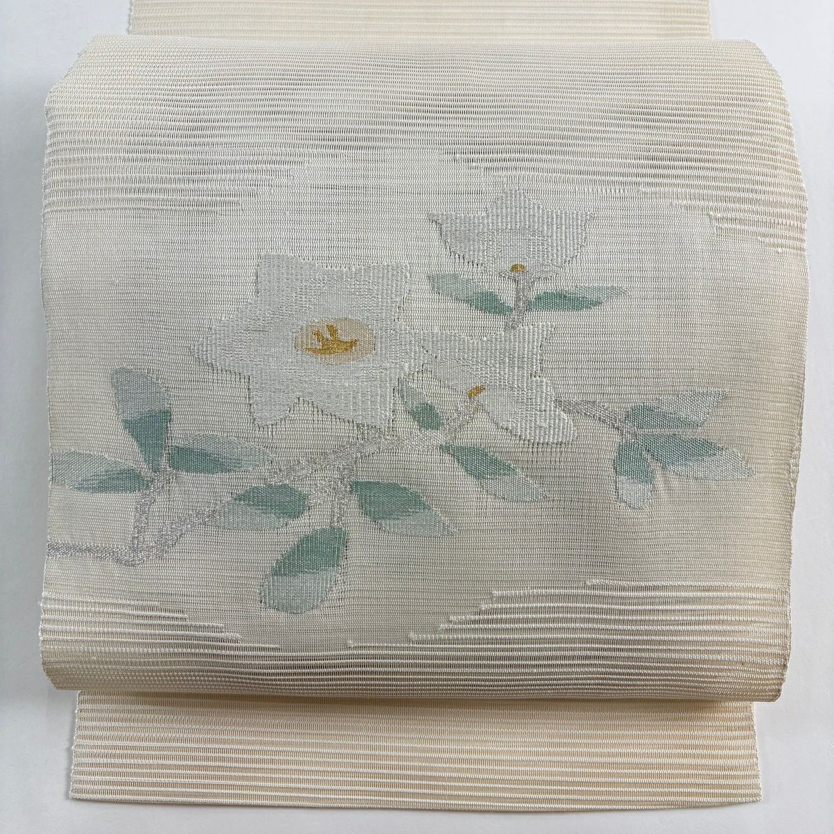 名古屋帶 秀品級 夏帶 絽 八寸名古屋帶 松樹葉仕立 草花紋紋 金銀彩 奶油色 純蠶絲
