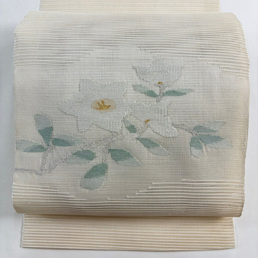 名古屋帶 秀品級 夏帶 絽 八寸名古屋帶 松樹葉仕立 草花紋紋 金銀彩 奶油色 純蠶絲