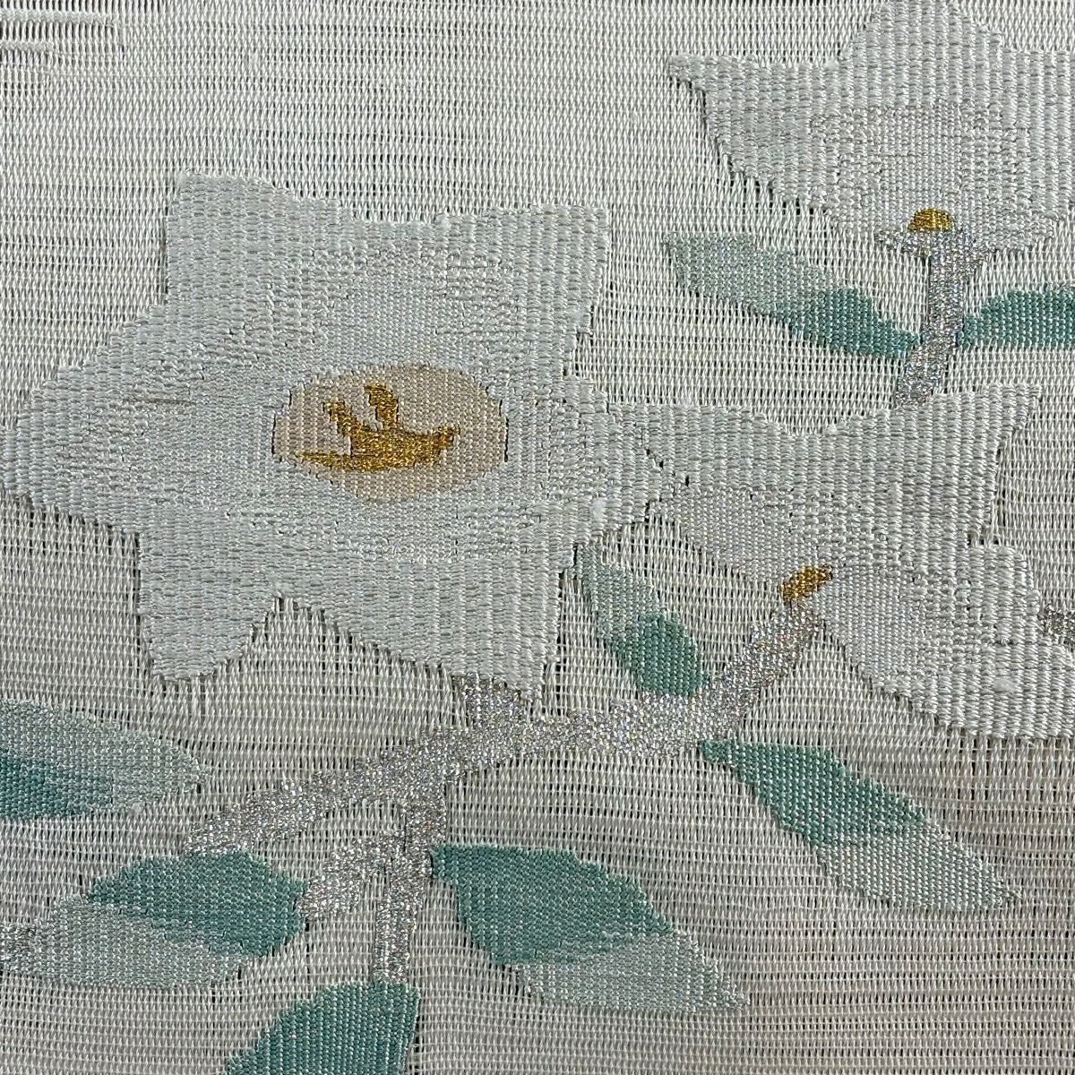 名古屋帶 秀品級 夏帶 絽 八寸名古屋帶 松樹葉仕立 草花紋紋 金銀彩 奶油色 純蠶絲