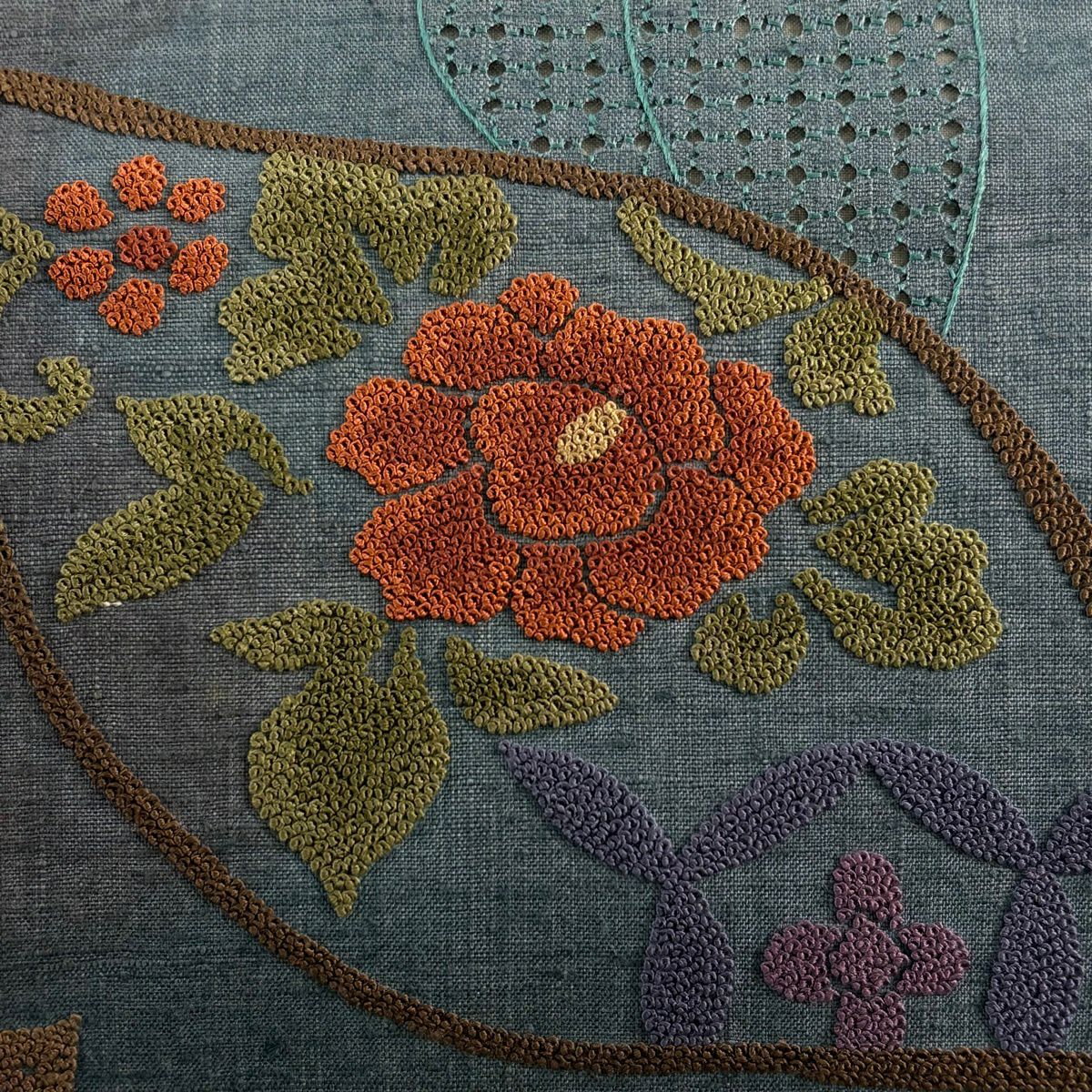 名古屋帶 秀品級 紬織織 草花紋紋 葉柄 刺繡 灰紫 純蠶絲