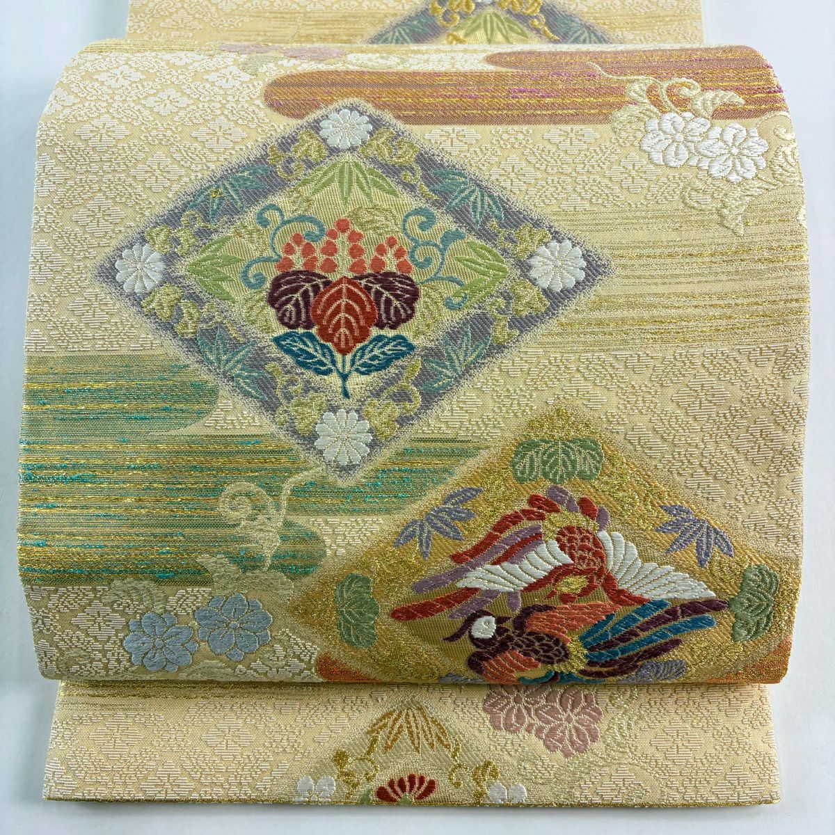 【美品】 袋帶 秀品級 桐竹子鳳凰 霞 刺繡 金線 淺黃土 六通 純蠶絲