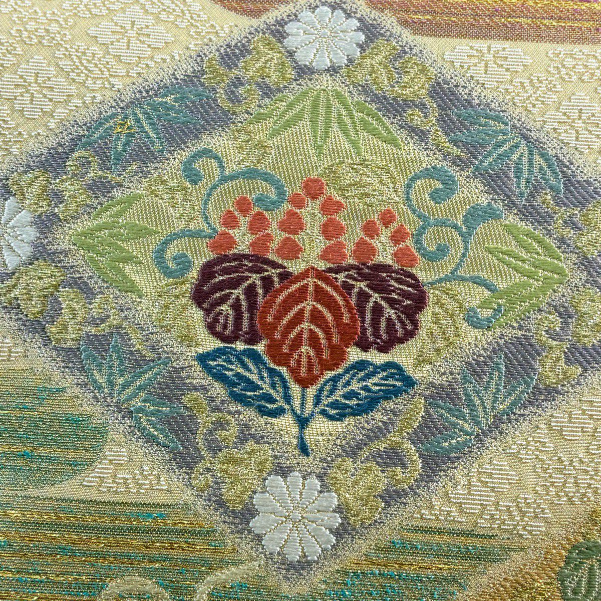 【美品】 袋帶 秀品級 桐竹子鳳凰 霞 刺繡 金線 淺黃土 六通 純蠶絲
