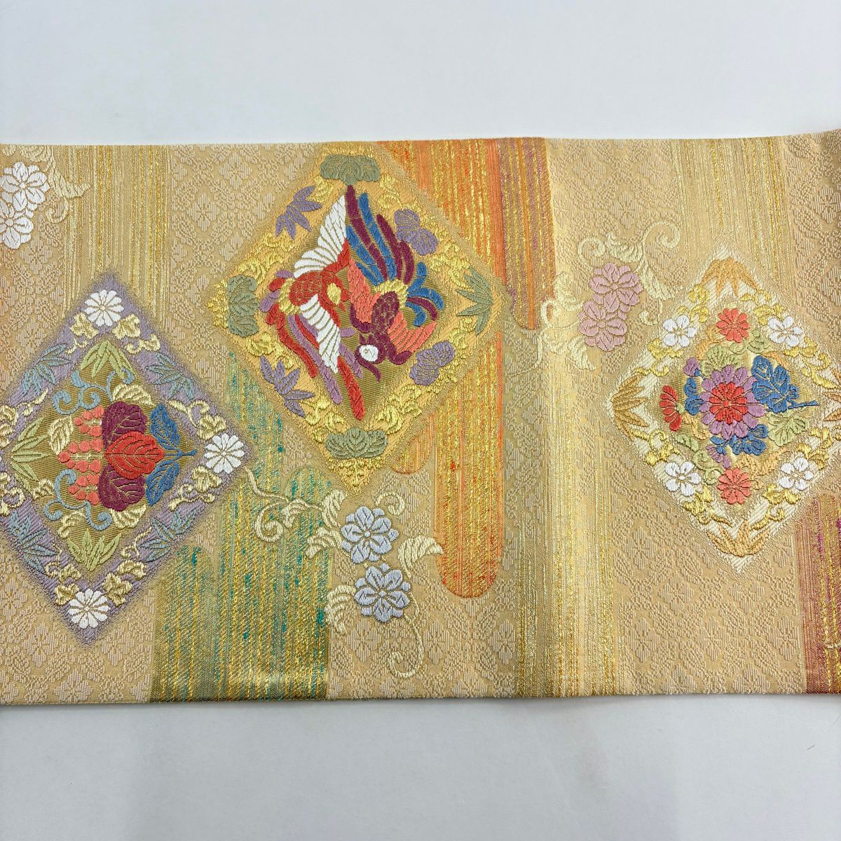 【美品】 袋帶 秀品級 桐竹子鳳凰 霞 刺繡 金線 淺黃土 六通 純蠶絲