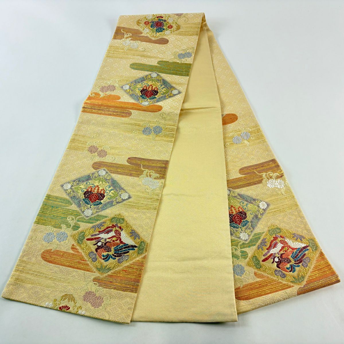 【美品】 袋帶 秀品級 桐竹子鳳凰 霞 刺繡 金線 淺黃土 六通 純蠶絲