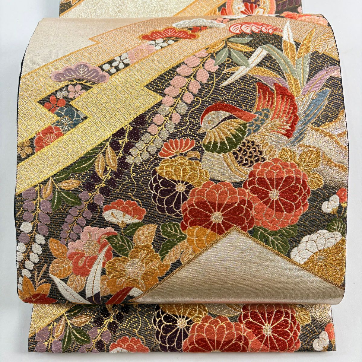 袋帶 秀品級 草花紋紋 鴛鴦刺繡 金銀彩 銀 六通 純蠶絲