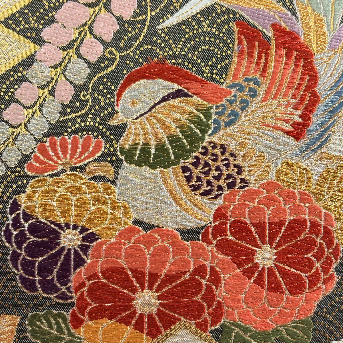 袋帶 秀品級 草花紋紋 鴛鴦刺繡 金銀彩 銀 六通 純蠶絲
