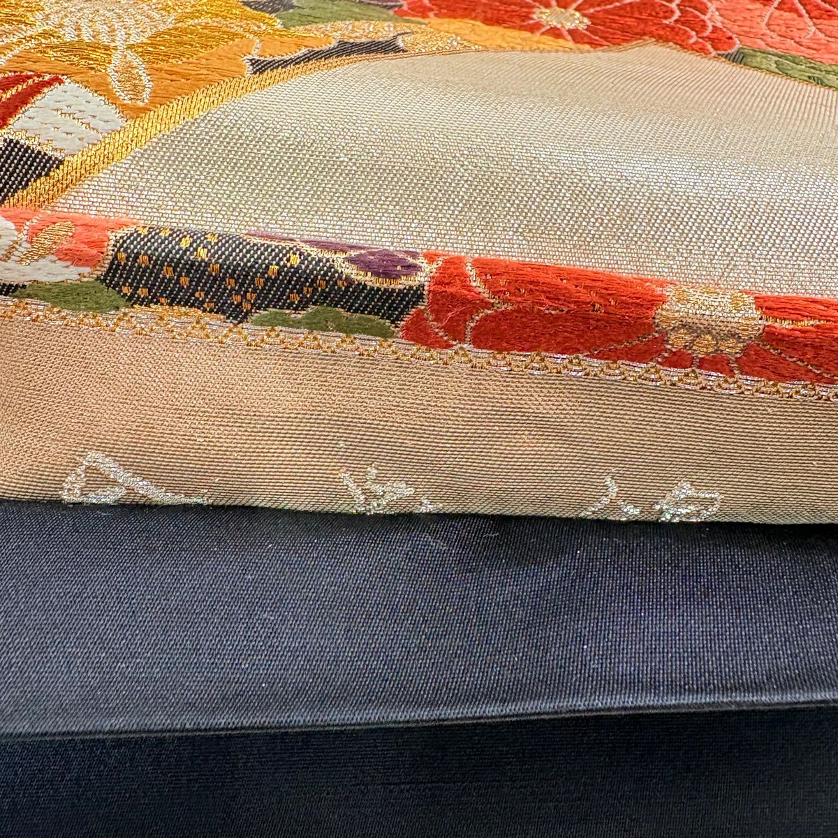 袋帶 秀品級 草花紋紋 鴛鴦刺繡 金銀彩 銀 六通 純蠶絲