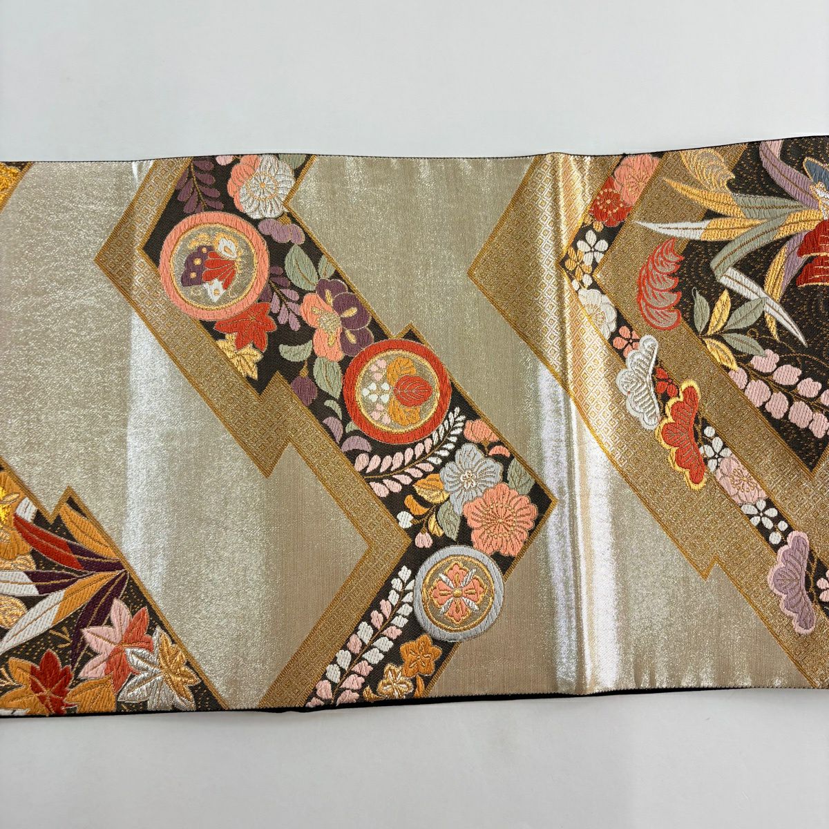 袋帶 秀品級 草花紋紋 鴛鴦刺繡 金銀彩 銀 六通 純蠶絲