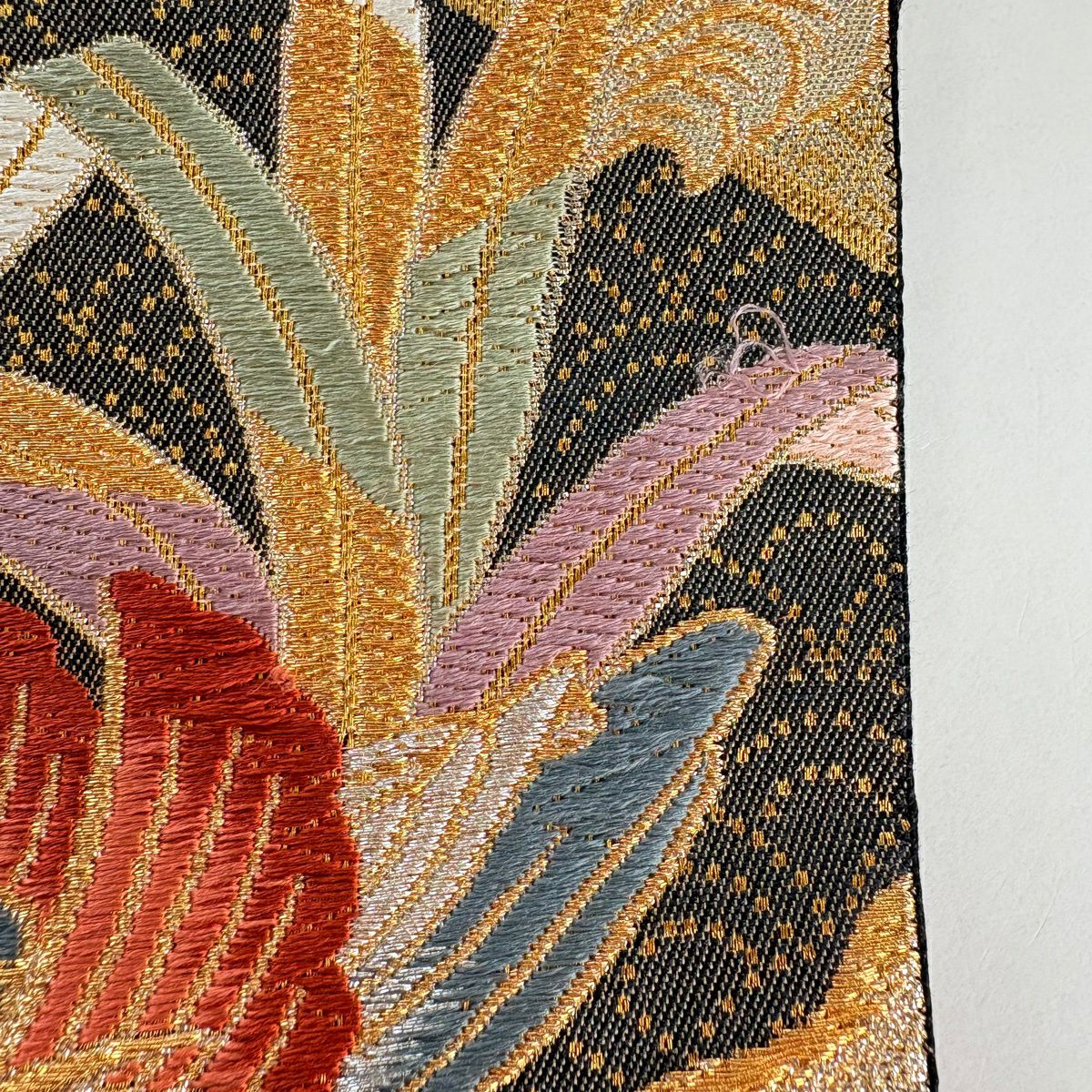 袋帶 秀品級 草花紋紋 鴛鴦刺繡 金銀彩 銀 六通 純蠶絲