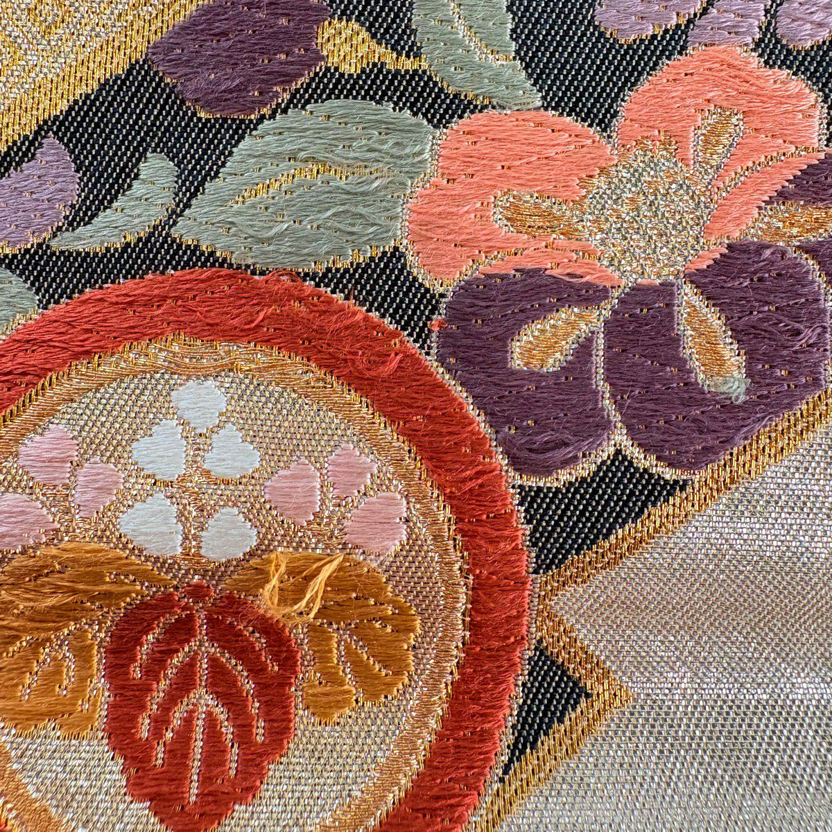 袋帶 秀品級 草花紋紋 鴛鴦刺繡 金銀彩 銀 六通 純蠶絲