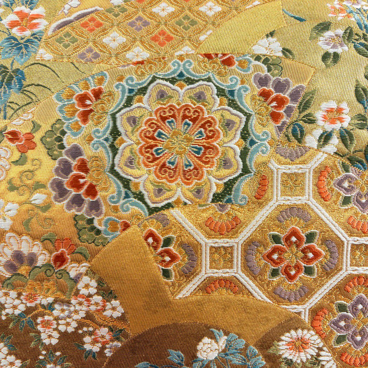 【美品】 袋帶 秀品級 聚寶織 瑞祥扇子面紋 草花紋 金糸 金金箔 金色 六通 純蠶絲