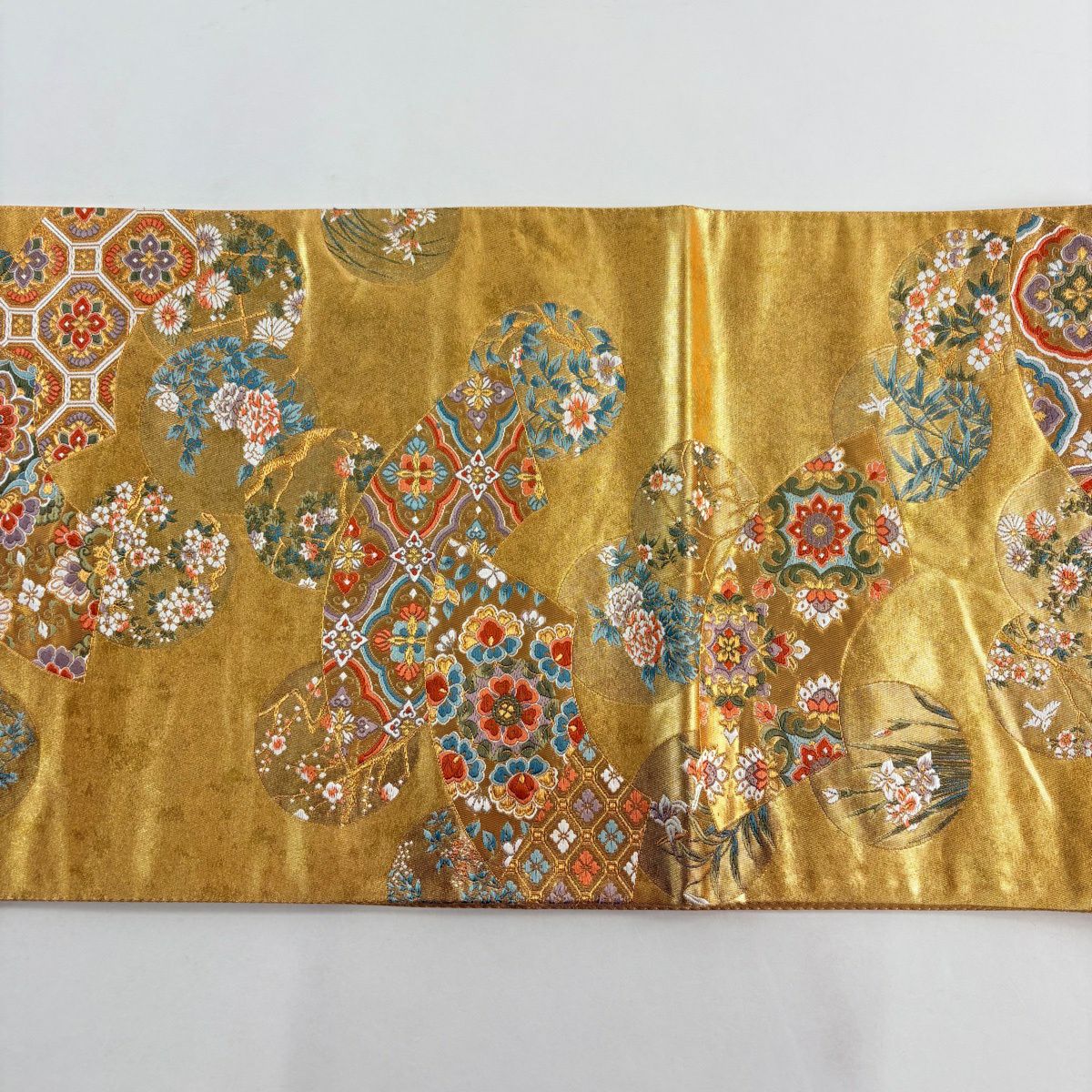 【美品】 袋帶 秀品級 聚寶織 瑞祥扇子面紋 草花紋 金糸 金金箔 金色 六通 純蠶絲