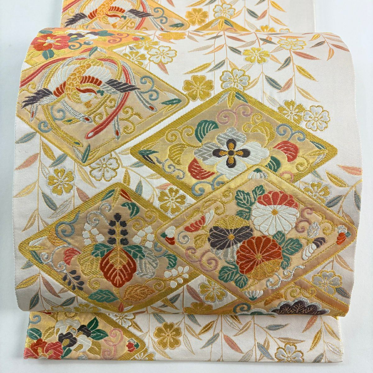 【美品】 袋帶 秀品級 桐竹子鳳凰 菊花 花紋 刺繡 金銀彩 粉米色 六通 純蠶絲