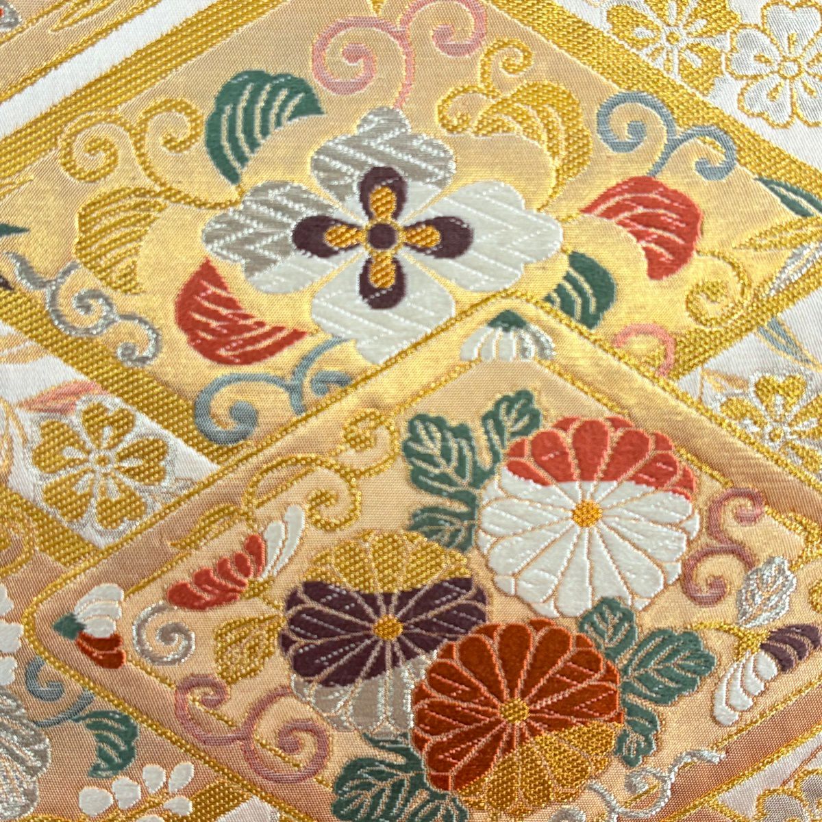 【美品】 袋帶 秀品級 桐竹子鳳凰 菊花 花紋 刺繡 金銀彩 粉米色 六通 純蠶絲