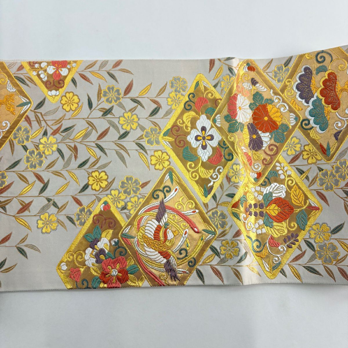 【美品】 袋帶 秀品級 桐竹子鳳凰 菊花 花紋 刺繡 金銀彩 粉米色 六通 純蠶絲