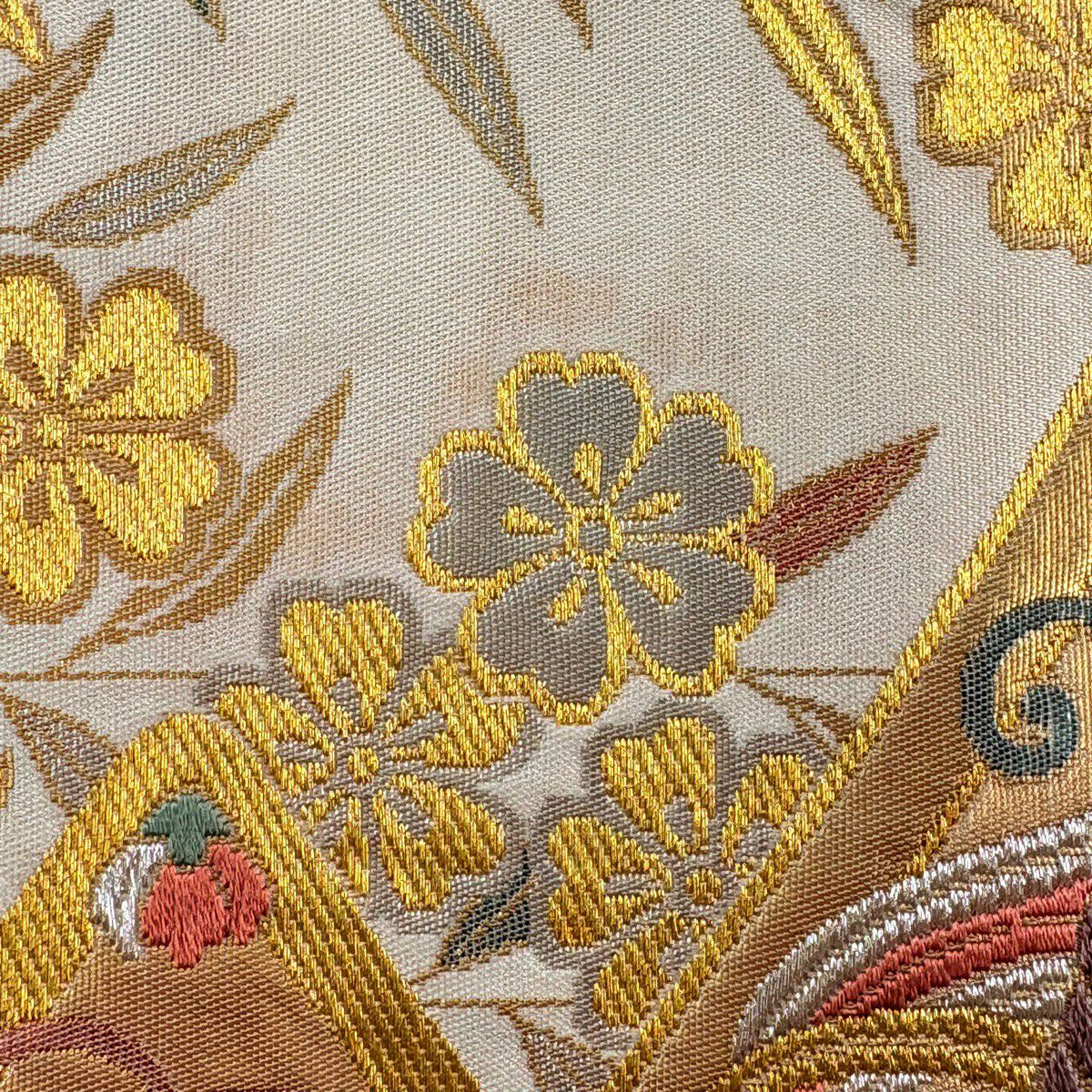 【美品】 袋帶 秀品級 桐竹子鳳凰 菊花 花紋 刺繡 金銀彩 粉米色 六通 純蠶絲