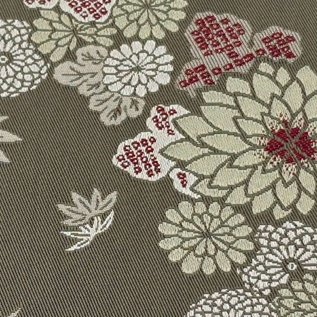 【美品】半幅帶 優品級 菊花 笹 茶 綠 化纖