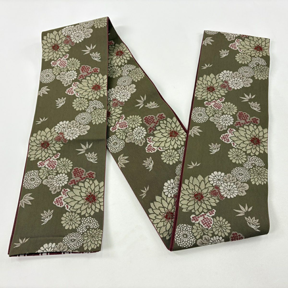 【美品】半幅帶 優品級 菊花 笹 茶 綠 化纖