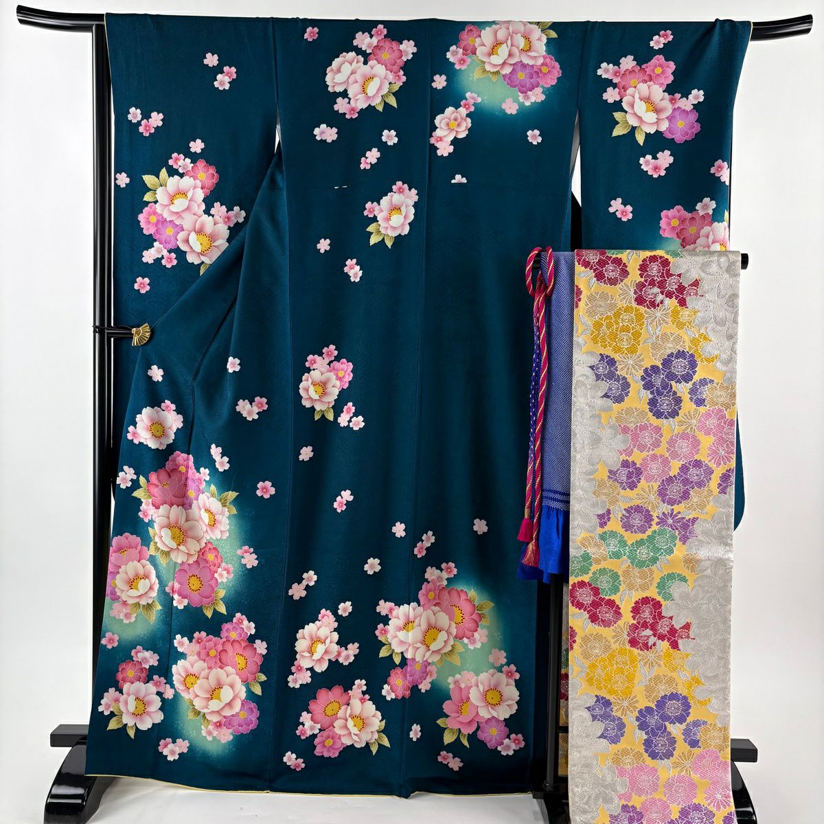 【美品】振袖禮服 身長168.5cm 袖長68.5cm L 雙層 袋帶全套 樱花 草花紋紋 金金箔 漸層 青綠 純蠶絲 名品級