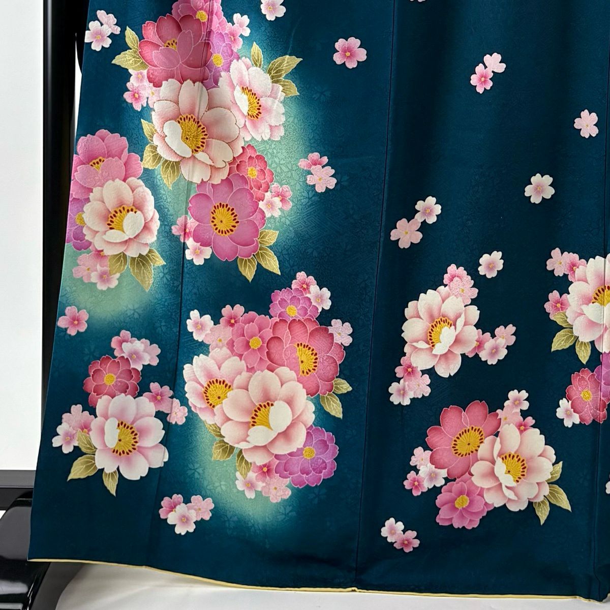 【美品】振袖禮服 身長168.5cm 袖長68.5cm L 雙層 袋帶全套 樱花 草花紋紋 金金箔 漸層 青綠 純蠶絲 名品級