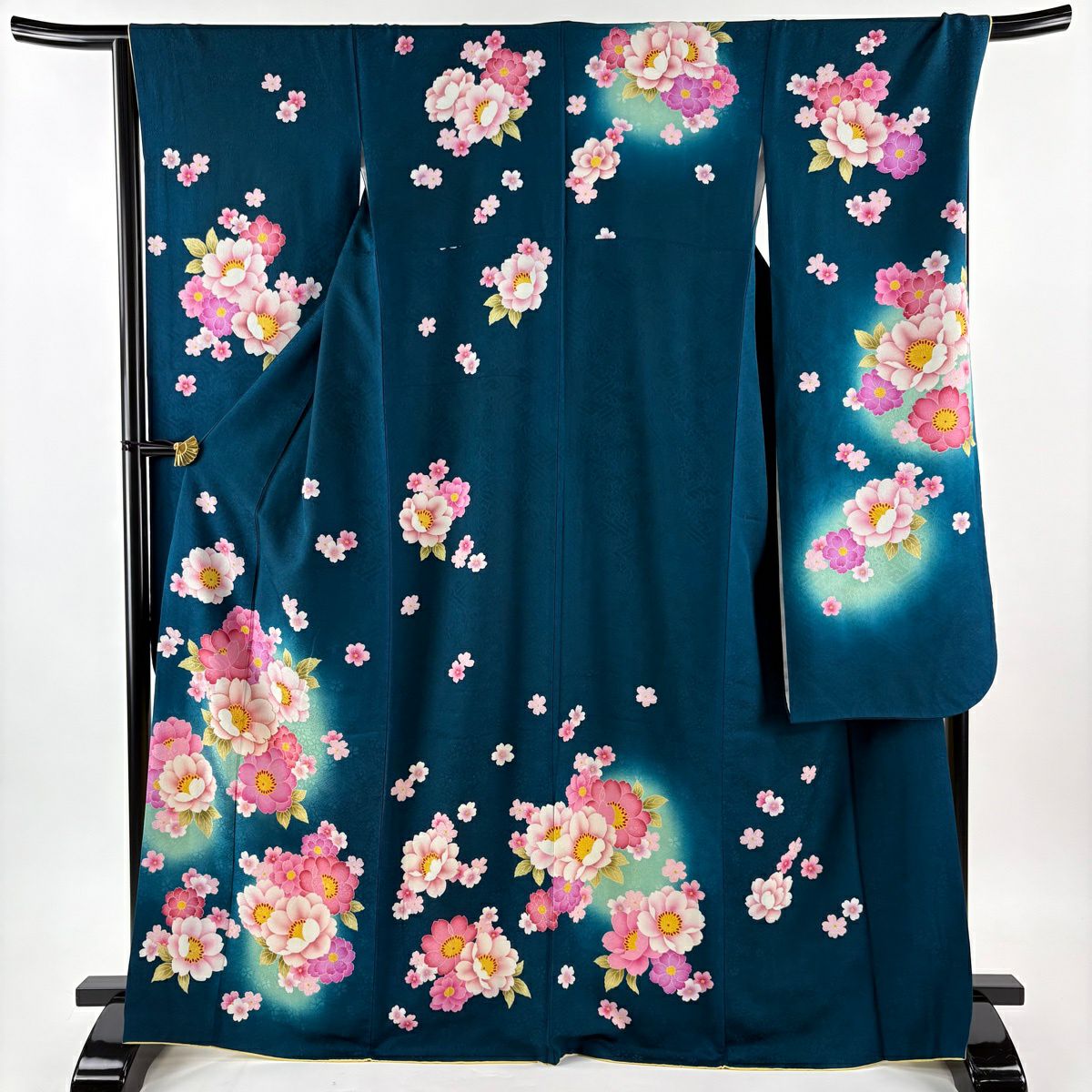 【美品】振袖禮服 身長168.5cm 袖長68.5cm L 雙層 袋帶全套 樱花 草花紋紋 金金箔 漸層 青綠 純蠶絲 名品級