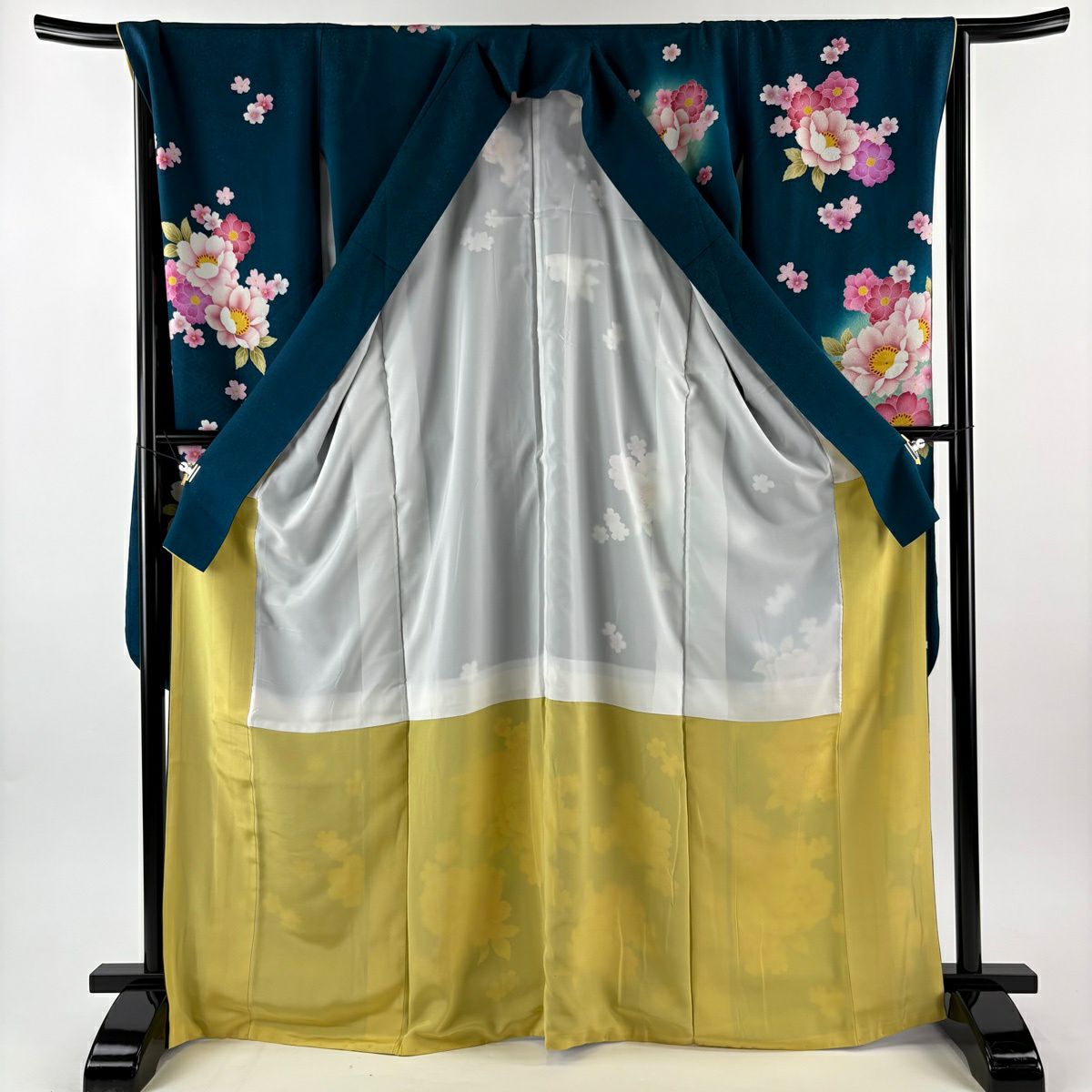 【美品】振袖禮服 身長168.5cm 袖長68.5cm L 雙層 袋帶全套 樱花 草花紋紋 金金箔 漸層 青綠 純蠶絲 名品級