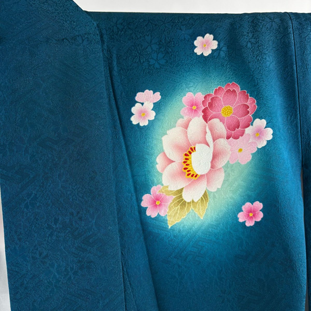 【美品】振袖禮服 身長168.5cm 袖長68.5cm L 雙層 袋帶全套 樱花 草花紋紋 金金箔 漸層 青綠 純蠶絲 名品級