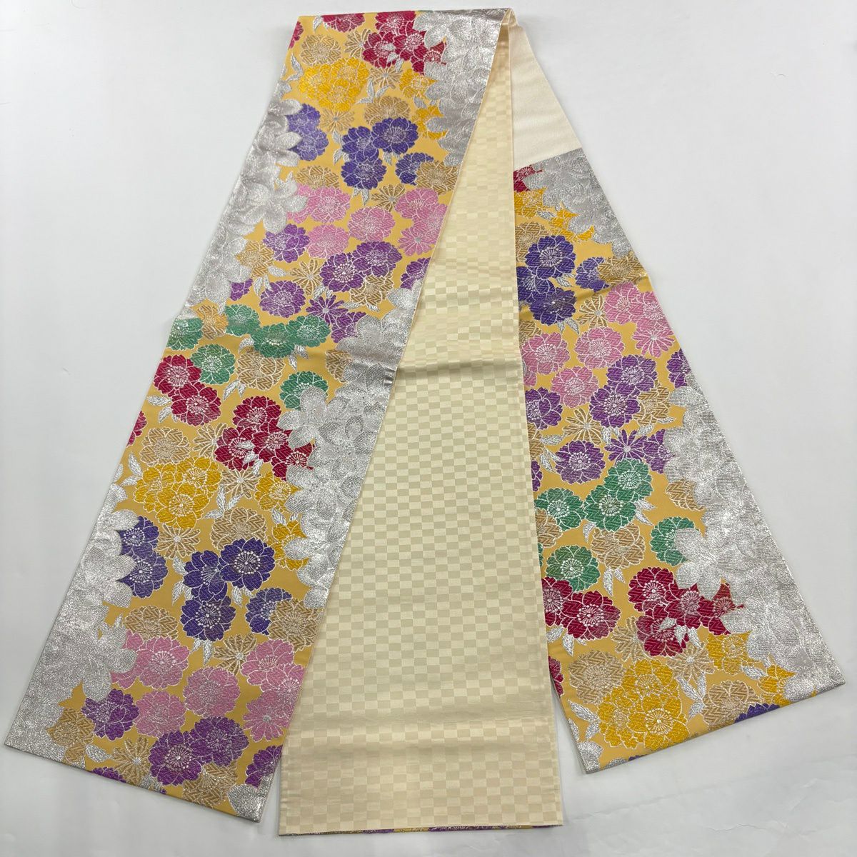 【美品】振袖禮服 身長168.5cm 袖長68.5cm L 雙層 袋帶全套 樱花 草花紋紋 金金箔 漸層 青綠 純蠶絲 名品級