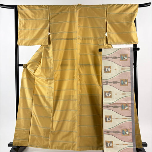 【美品】 紬織 身長163cm 袖長66cm M 雙層 袋帶套裝 條紋 淡黃土 純蠶絲 優品級