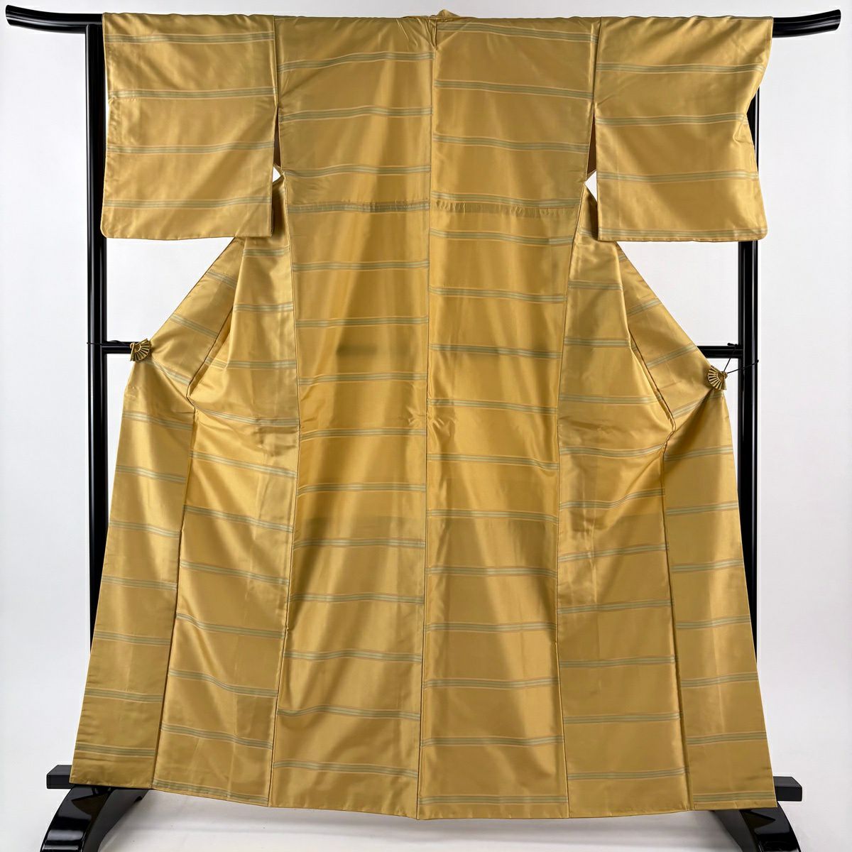 【美品】 紬織 身長163cm 袖長66cm M 雙層 袋帶套裝 條紋 淡黃土 純蠶絲 優品級