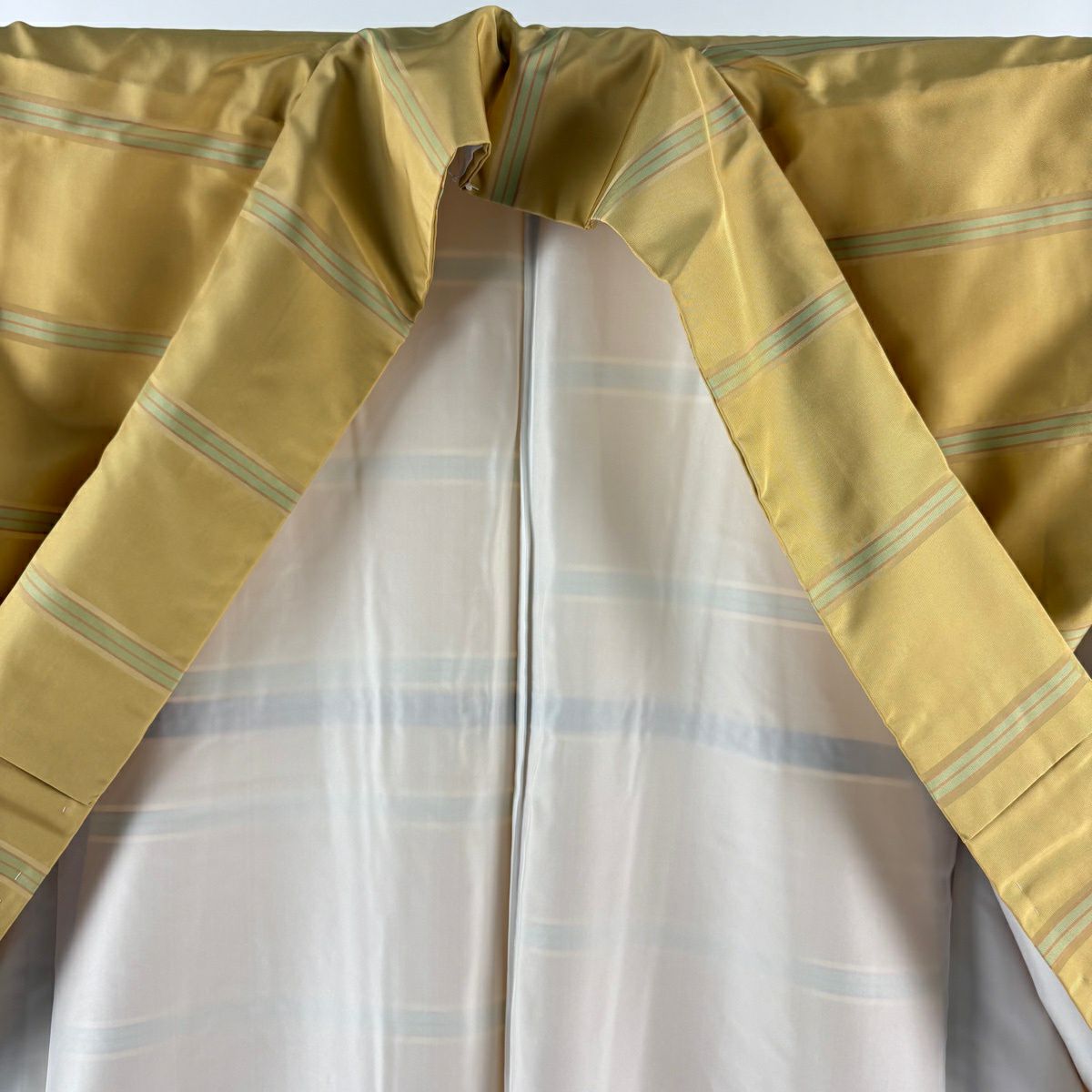 【美品】 紬織 身長163cm 袖長66cm M 雙層 袋帶套裝 條紋 淡黃土 純蠶絲 優品級