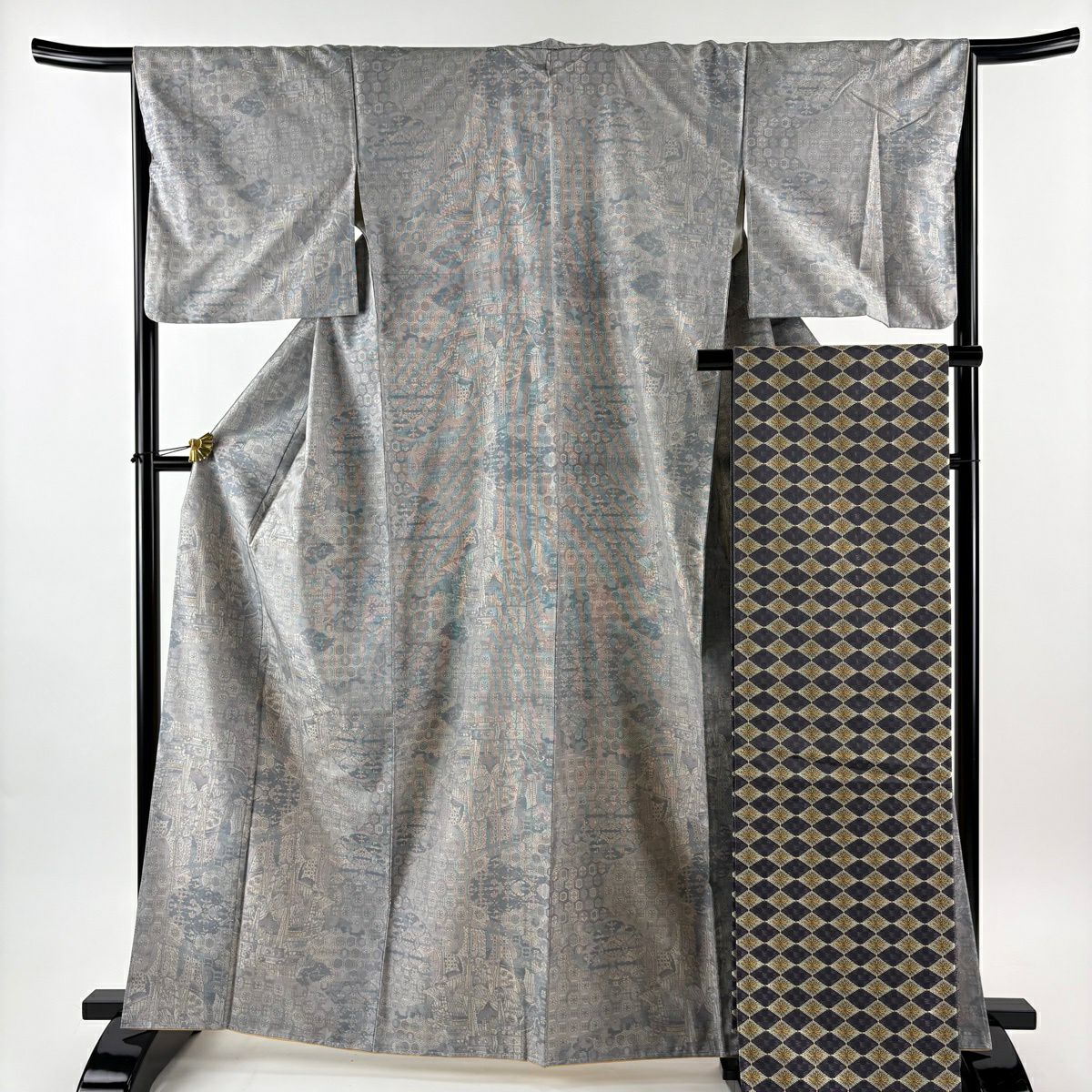 【美品】 紬織 身長164cm 袖長66cm M 雙層 袋帶套裝 證書齊全 蜀江文 船 灰色 純蠶絲 名品級