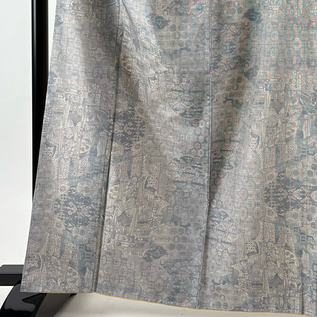 【美品】 紬織 身長164cm 袖長66cm M 雙層 袋帶套裝 證書齊全 蜀江文 船 灰色 純蠶絲 名品級