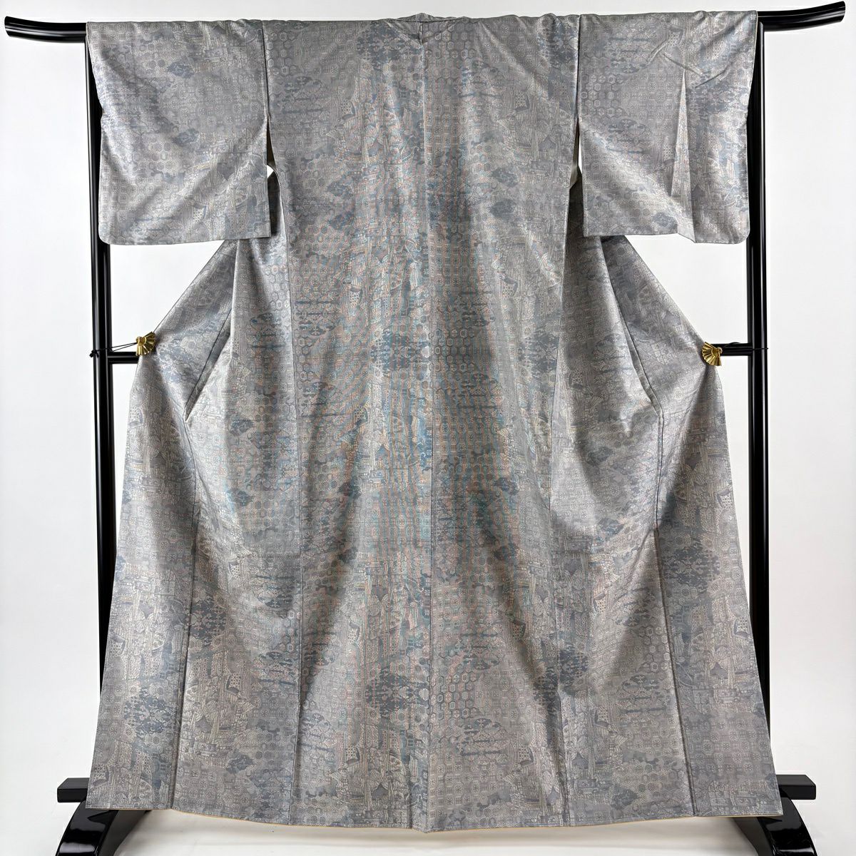 【美品】 紬織 身長164cm 袖長66cm M 雙層 袋帶套裝 證書齊全 蜀江文 船 灰色 純蠶絲 名品級