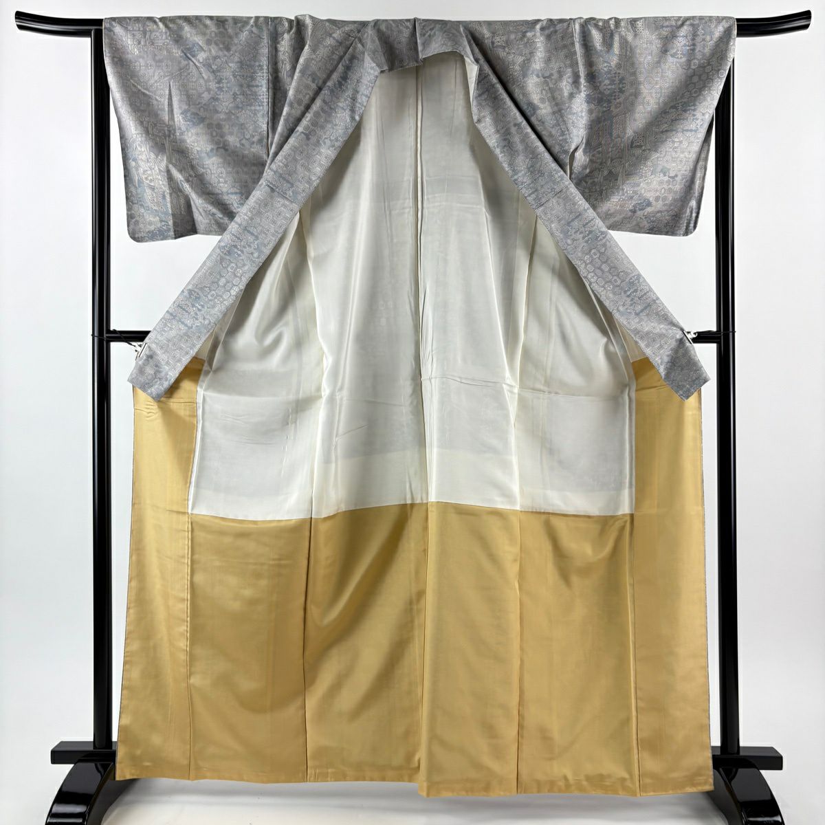 【美品】 紬織 身長164cm 袖長66cm M 雙層 袋帶套裝 證書齊全 蜀江文 船 灰色 純蠶絲 名品級
