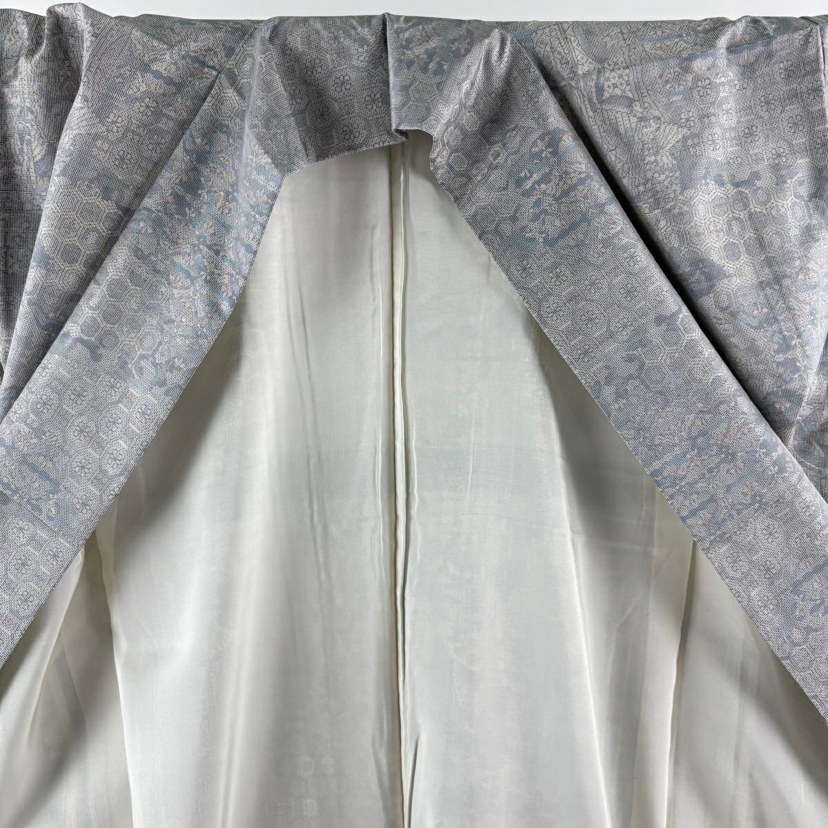 【美品】 紬織 身長164cm 袖長66cm M 雙層 袋帶套裝 證書齊全 蜀江文 船 灰色 純蠶絲 名品級