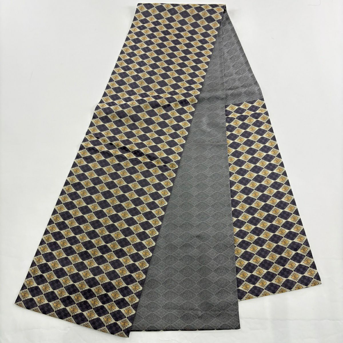【美品】 紬織 身長164cm 袖長66cm M 雙層 袋帶套裝 證書齊全 蜀江文 船 灰色 純蠶絲 名品級