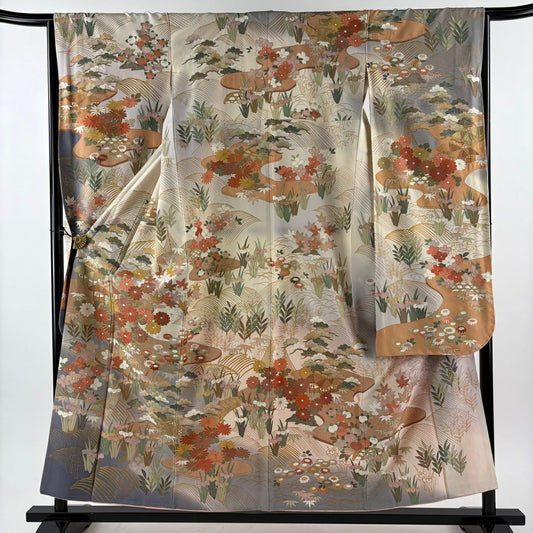 振袖禮服 身長156cm 袖長65.5cm M 雙層 菊花 家屋 刺繡 金線 奶油色 純蠶絲 逸品級