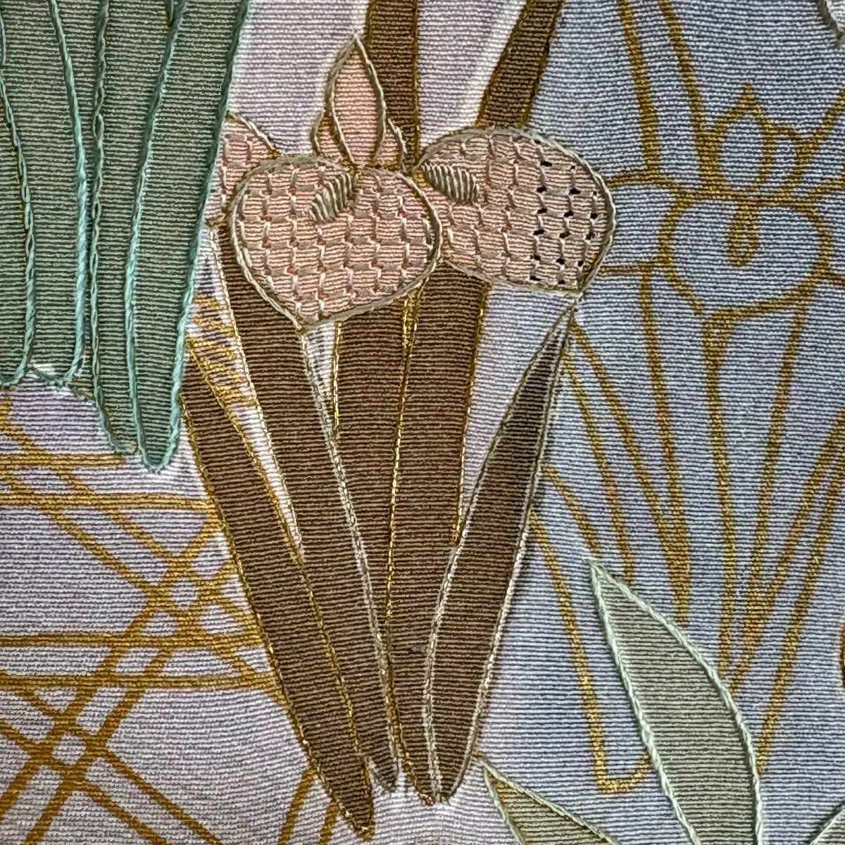 振袖禮服 身長156cm 袖長65.5cm M 雙層 菊花 家屋 刺繡 金線 奶油色 純蠶絲 逸品級