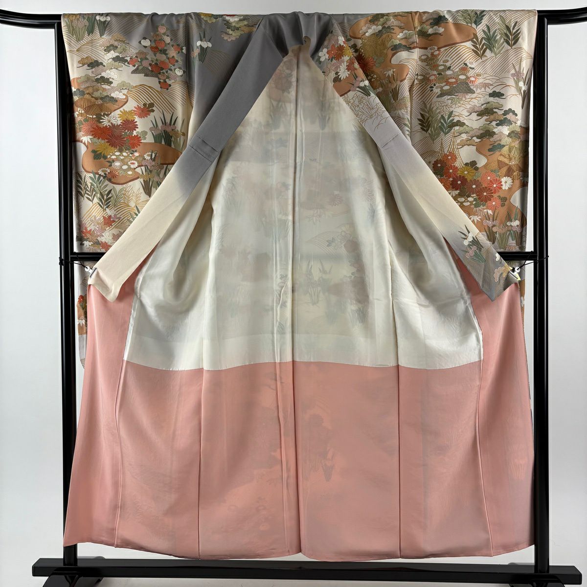 振袖禮服 身長156cm 袖長65.5cm M 雙層 菊花 家屋 刺繡 金線 奶油色 純蠶絲 逸品級