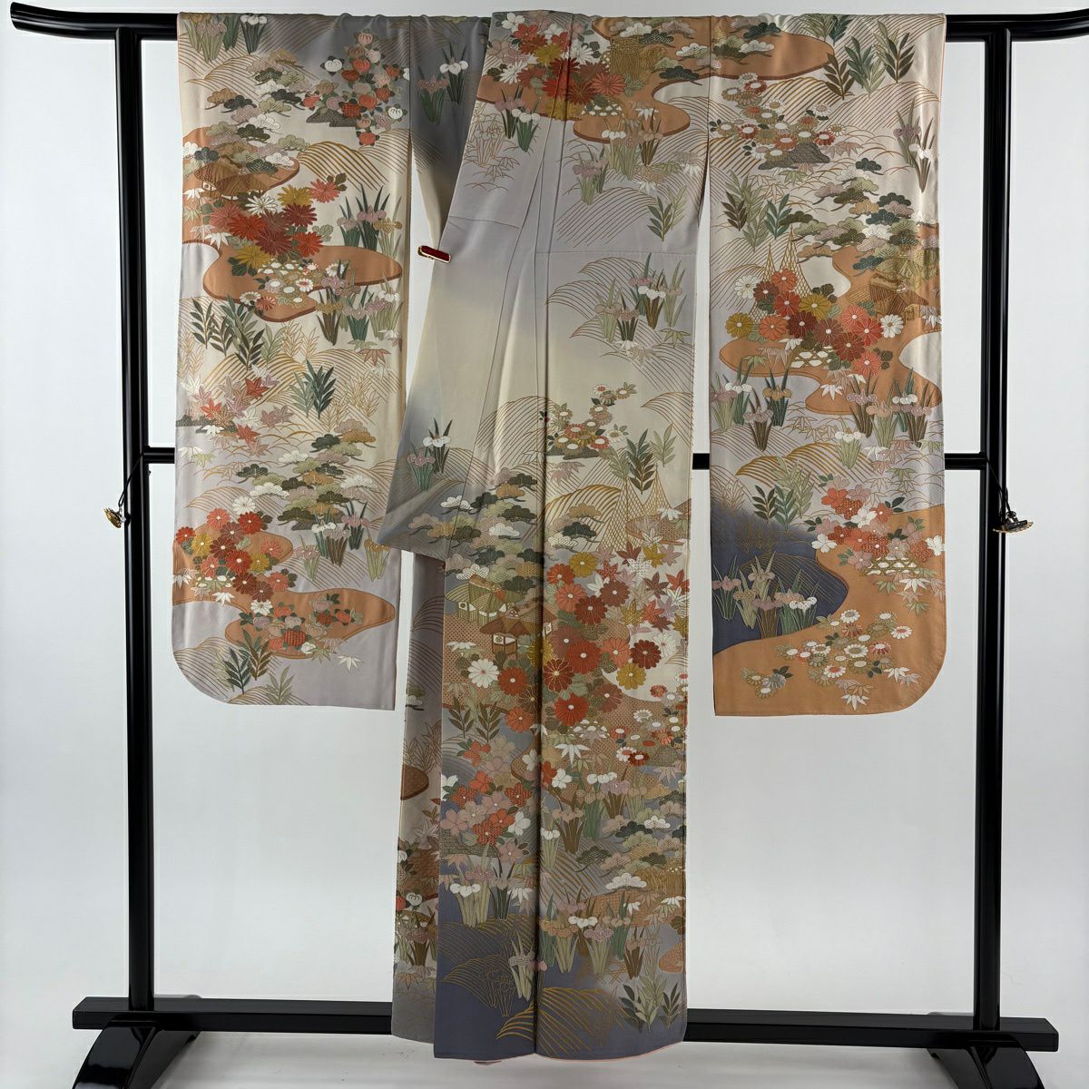 振袖禮服 身長156cm 袖長65.5cm M 雙層 菊花 家屋 刺繡 金線 奶油色 純蠶絲 逸品級