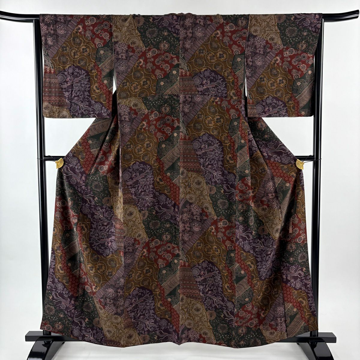 【美品】 小紋 身長160cm 袖長64.5cm M 雙層 前田仁仙 落款あり 花唐草紋 花鳥 紫 純蠶絲 逸品級
