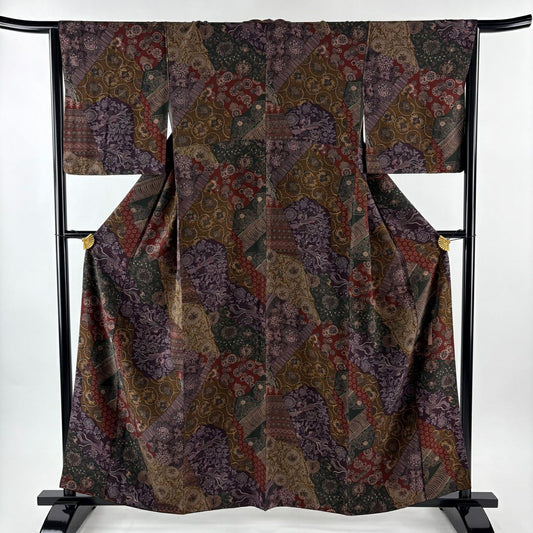 【美品】 小紋 身長160cm 袖長64.5cm M 雙層 前田仁仙 落款あり 花唐草紋 花鳥 紫 純蠶絲 逸品級