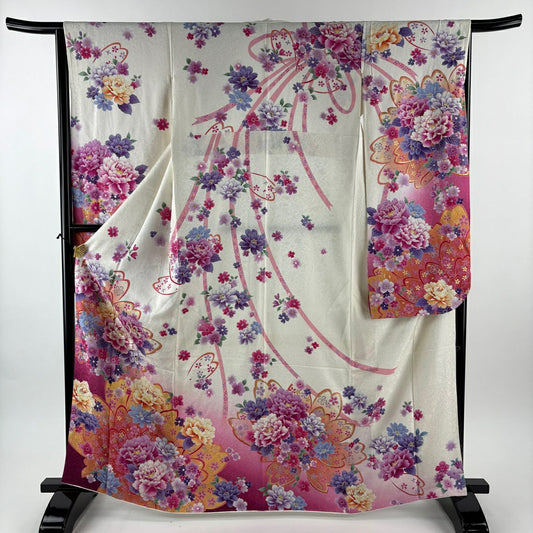 振袖禮服 身長165cm 袖長64cm M 雙層 牡丹花 銀通刺繡 白色 純蠶絲 逸品級