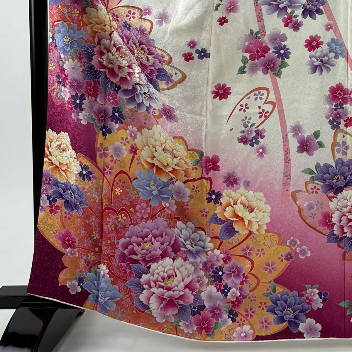 振袖禮服 身長165cm 袖長64cm M 雙層 牡丹花 銀通刺繡 白色 純蠶絲 逸品級