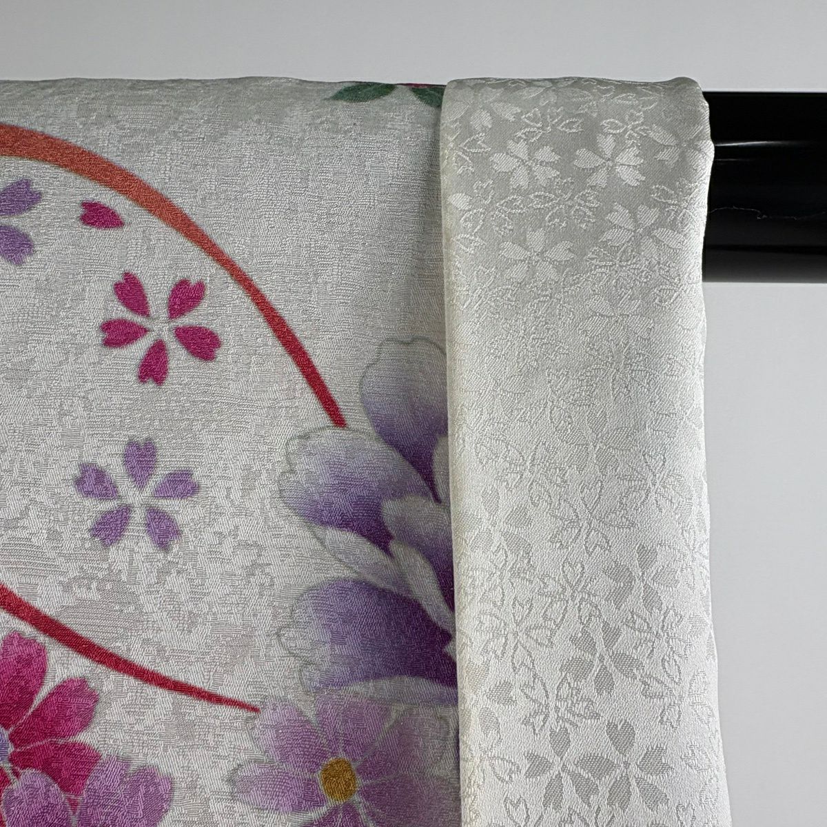 振袖禮服 身長165cm 袖長64cm M 雙層 牡丹花 銀通刺繡 白色 純蠶絲 逸品級